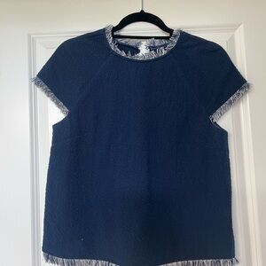 Deletta Navy Blue Fringe-Trimmed Short Sleeve Top